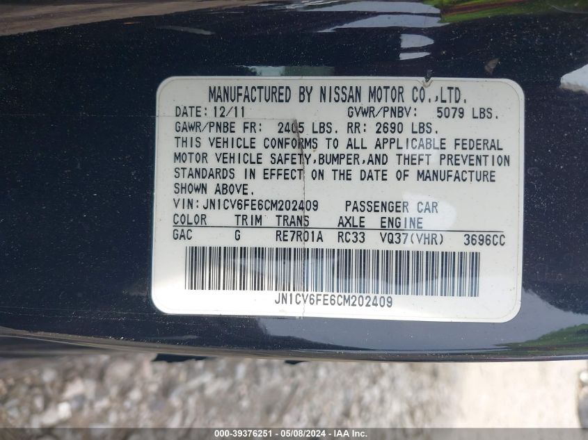 2012 Infiniti G37 VIN: JN1CV6FE6CM202409 Lot: 39376251