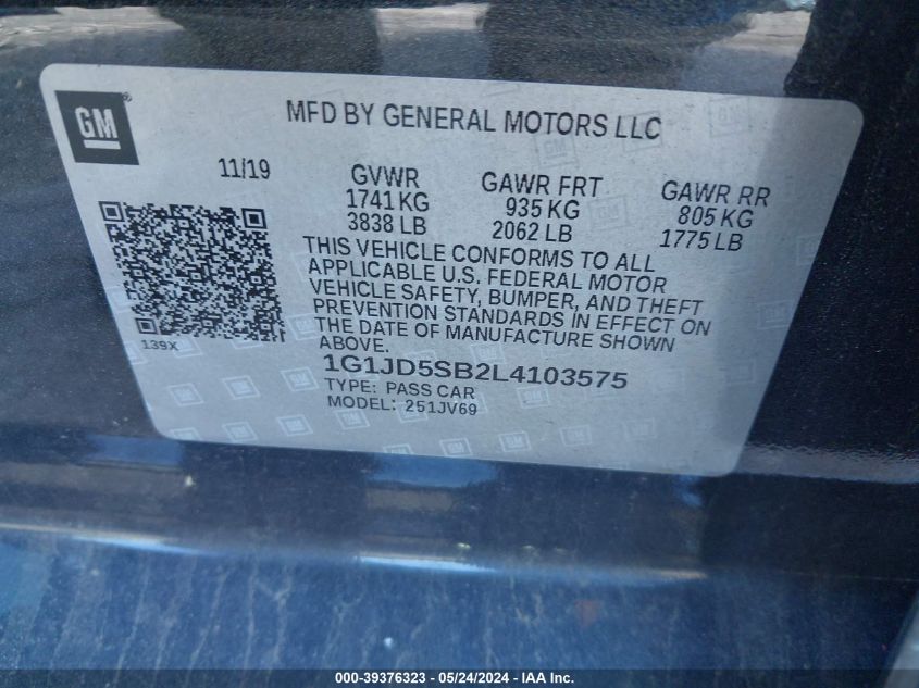 2020 Chevrolet Sonic Fwd Lt VIN: 1G1JD5SB2L4103575 Lot: 39376323