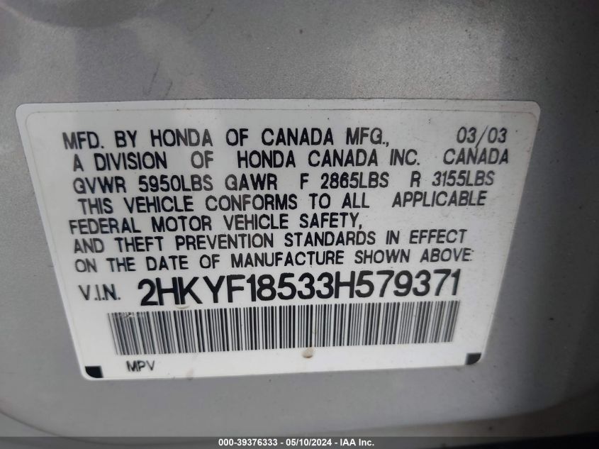 2003 Honda Pilot Ex-L VIN: 2HKYF18533H579371 Lot: 39376333