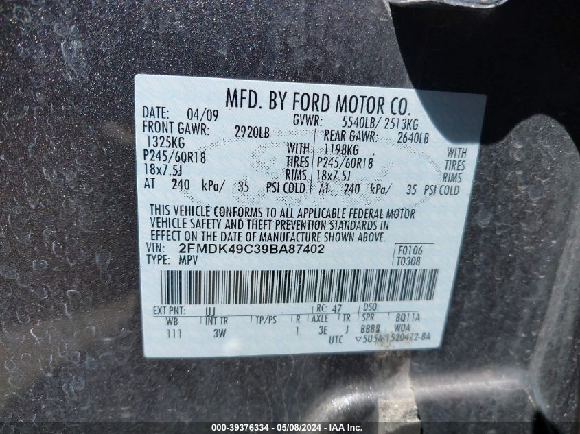 2009 Ford Edge Limited VIN: 2FMDK49C39BA87402 Lot: 39376334