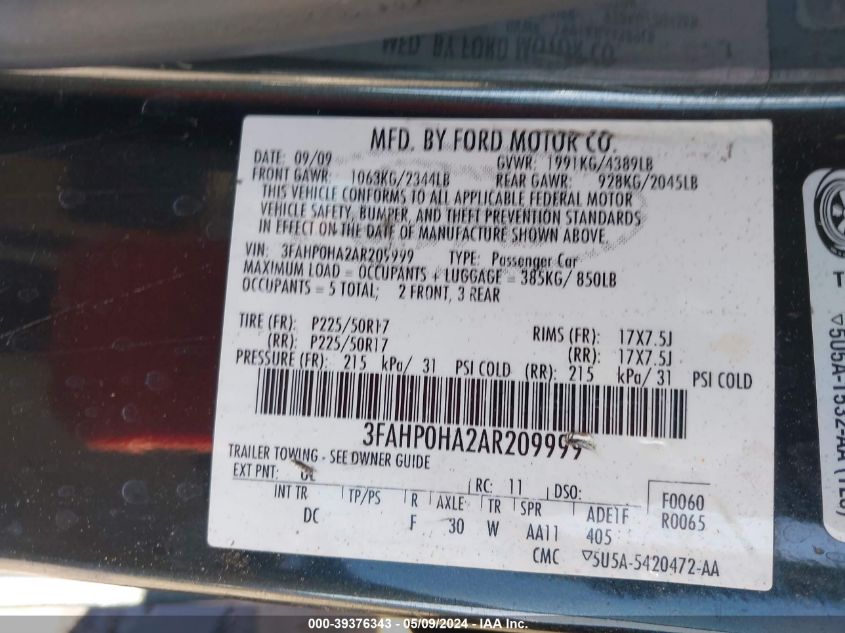 2010 Ford Fusion Se VIN: 3FAHP0HA2AR209999 Lot: 39376343