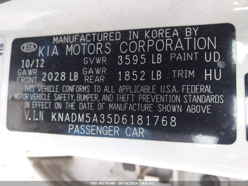 KNADM5A35D6181768 2013 Kia Rio Lx