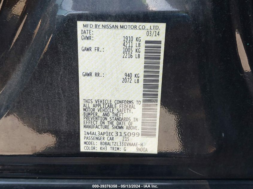 2014 Nissan Altima 2.5 Sv VIN: 1N4AL3AP1EC315099 Lot: 39376358