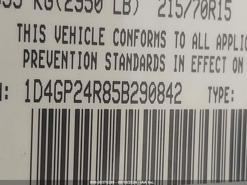 2005 Dodge Grand Caravan Se VIN: 1D4GP24R85B290842 Lot: 39376389