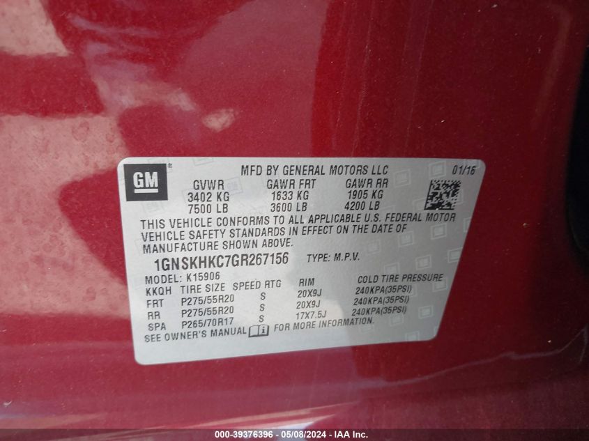 2016 Chevrolet Suburban Lt VIN: 1GNSKHKC7GR267156 Lot: 39376396