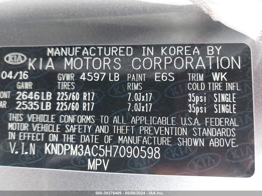VIN KNDPM3AC5H7090598 2017 KIA SPORTAGE LX