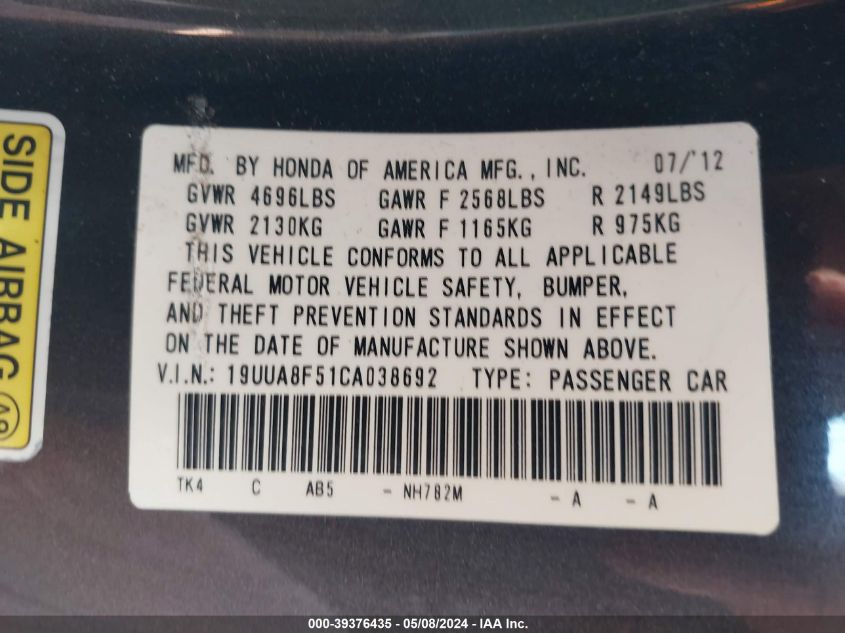 2012 Acura Tl 3.5 VIN: 19UUA8F51CA038692 Lot: 39376435