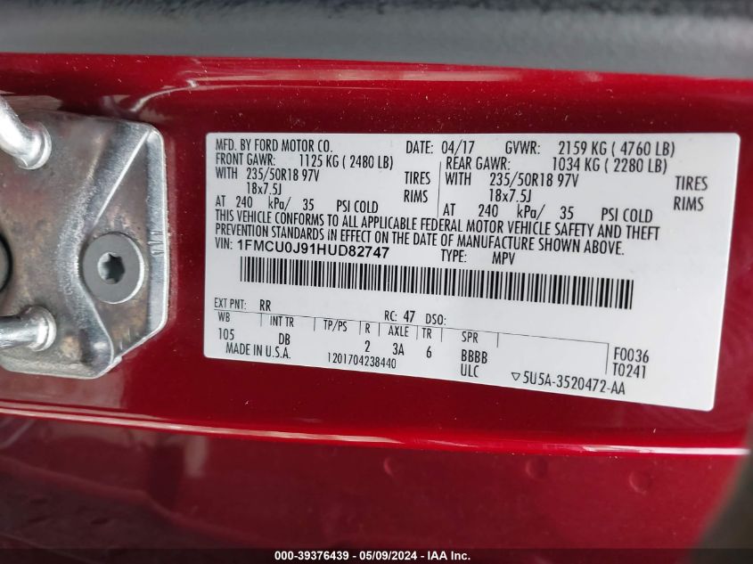 2017 Ford Escape Titanium VIN: 1FMCU0J91HUD82747 Lot: 39376439