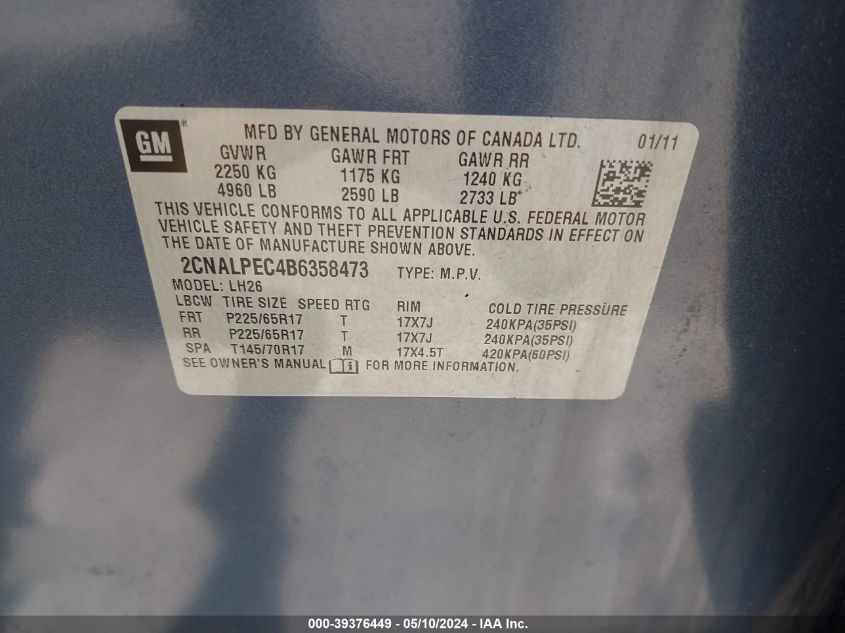2011 Chevrolet Equinox 2Lt VIN: 2CNALPEC4B6358473 Lot: 39376449