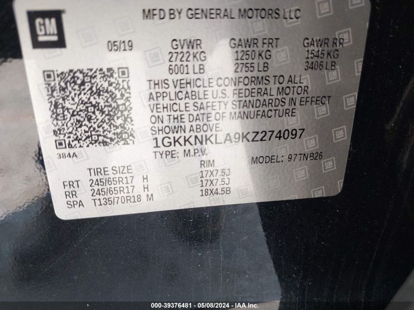 1GKKNKLA9KZ274097 2019 GMC Acadia Sle-1