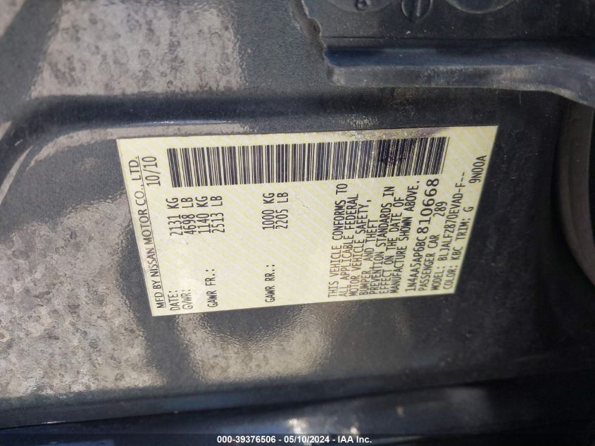 2011 Nissan Maxima 3.5 Sv VIN: 1N4AA5AP6BC810668 Lot: 39376506