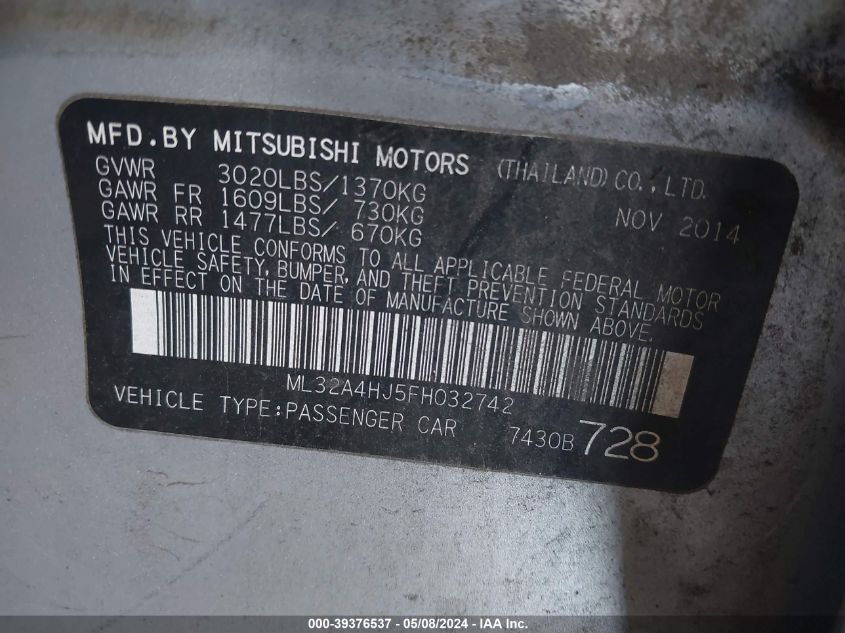 2015 Mitsubishi Mirage Es VIN: ML32A4HJ5FH032742 Lot: 39376537