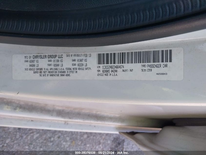 2013 Dodge Avenger Se VIN: 1C3CDZAB2DN664674 Lot: 39376538