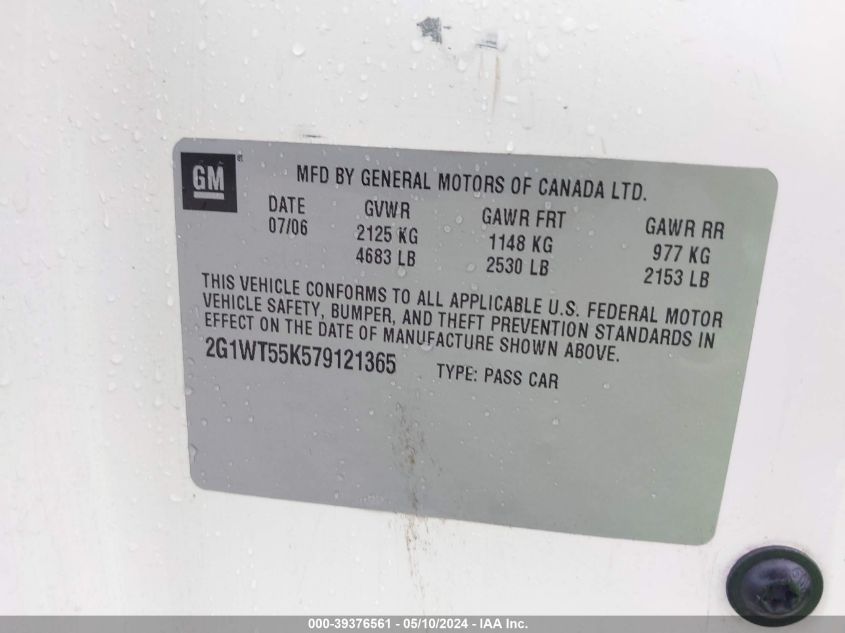 2007 Chevrolet Impala Lt VIN: 2G1WT55K579121365 Lot: 39376561