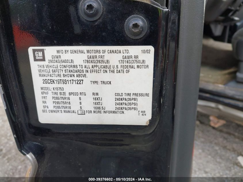 2003 Chevrolet Silverado 1500 Ls VIN: 2GCEK19T931171227 Lot: 39376602