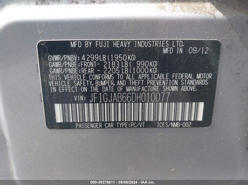 2013 SUBARU IMPREZA PREMIUM - JF1GJAB66DH010077