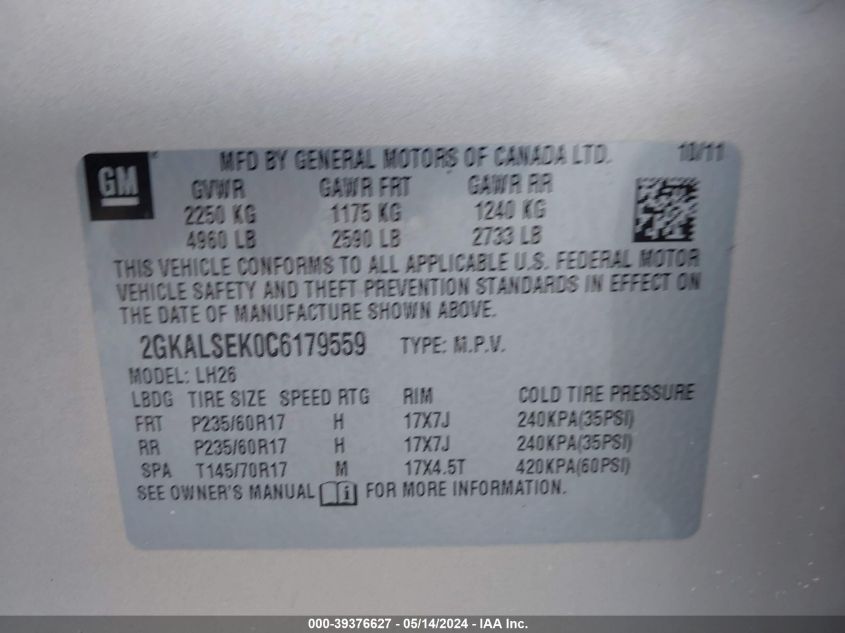 2012 GMC Terrain Sle-2 VIN: 2GKALSEK0C6179559 Lot: 39376627