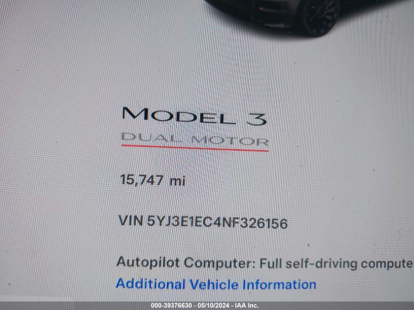 2022 Tesla Model 3 Performance Dual Motor All-Wheel Drive VIN: 5YJ3E1EC4NF326156 Lot: 39376630