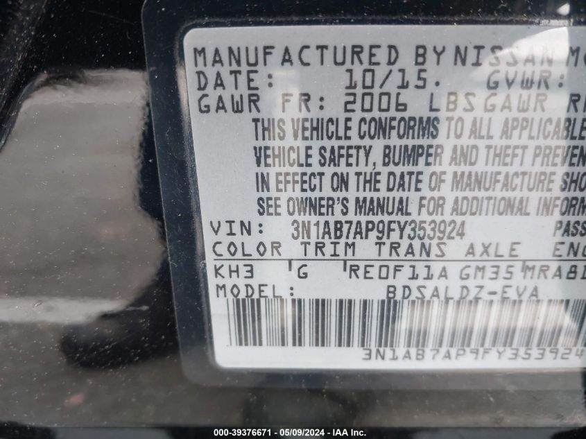 2015 Nissan Sentra Sv VIN: 3N1AB7AP9FY353924 Lot: 39376671