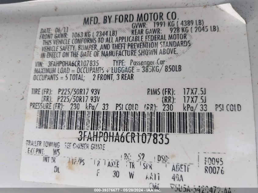 2012 Ford Fusion Se VIN: 3FAHP0HA6CR107835 Lot: 39376677
