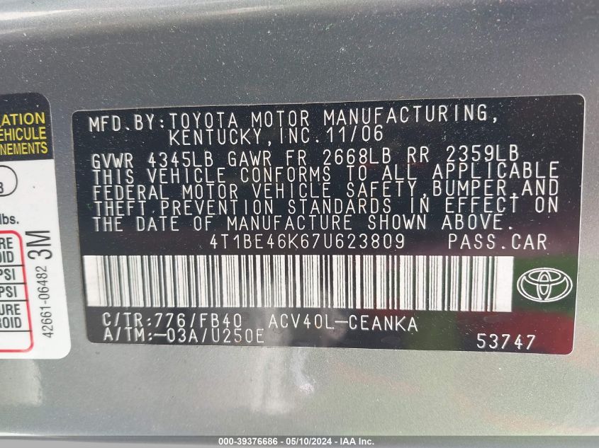 2007 Toyota Camry Le VIN: 4T1BE46K67U623809 Lot: 39376686
