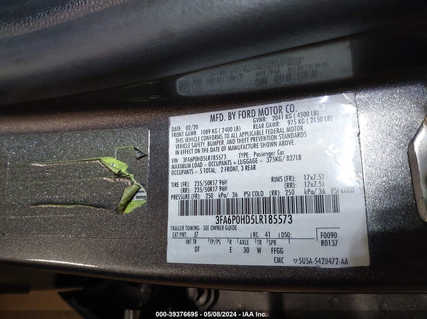 VIN 3FA6P0HD5LR185573 2020 FORD FUSION SE