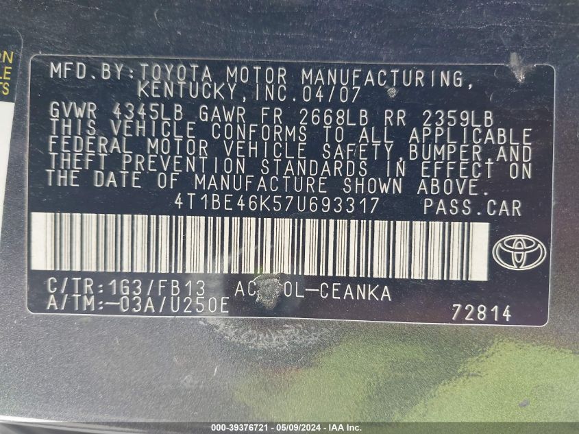 2007 Toyota Camry Le VIN: 4T1BE46K57U693317 Lot: 39376721