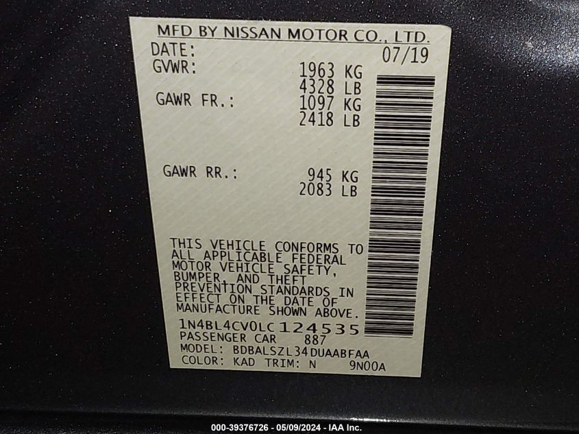 2020 Nissan Altima Sr Fwd VIN: 1N4BL4CV0LC124535 Lot: 39376726