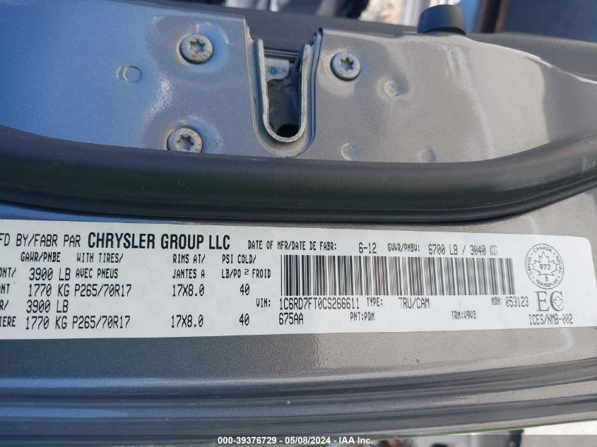 2012 Ram 1500 St VIN: 1C6RD7FT0CS266611 Lot: 39376729