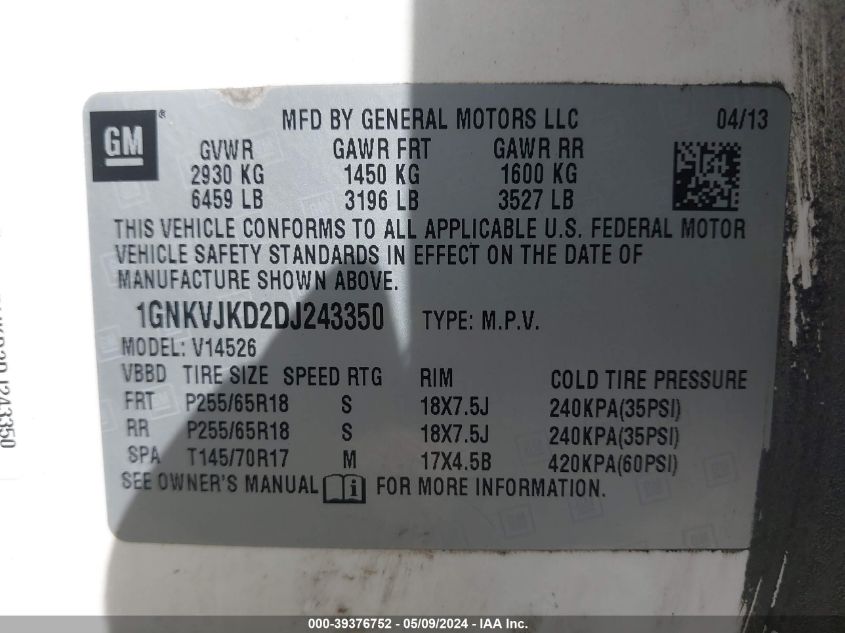 2013 Chevrolet Traverse 2Lt VIN: 1GNKVJKD2DJ243350 Lot: 39376752