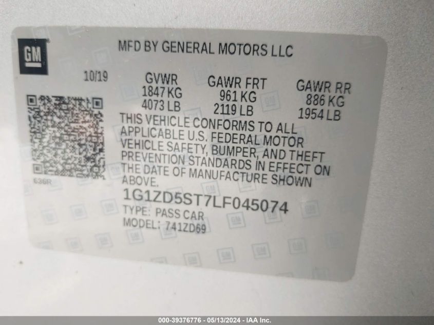 2020 Chevrolet Malibu Fwd Lt VIN: 1G1ZD5ST7LF045074 Lot: 39376776