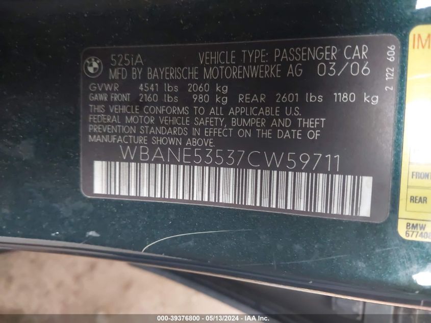 2007 BMW 525I VIN: WBANE53537CW59711 Lot: 39376800