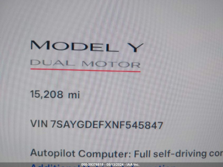 2022 Tesla Model Y Performance Dual Motor All-Wheel Drive VIN: 7SAYGDEFXNF545847 Lot: 39376818