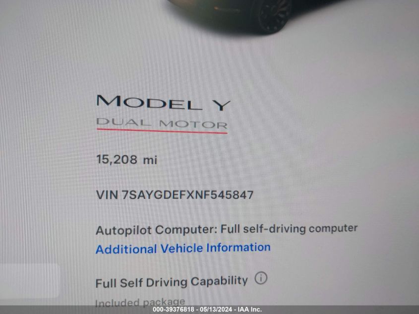 2022 Tesla Model Y Performance Dual Motor All-Wheel Drive VIN: 7SAYGDEFXNF545847 Lot: 39376818