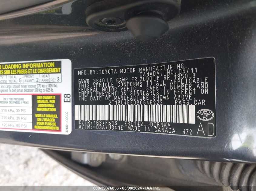 2011 Toyota Corolla Le VIN: 2T1BU4EE0BC646222 Lot: 39376856