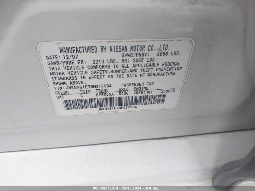 2008 Infiniti G35 VIN: JNKBV61E78M214994 Lot: 39376874