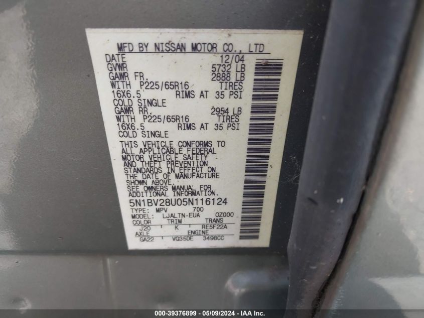 2005 Nissan Quest 3.5 Sl VIN: 5N1BV28U05N116124 Lot: 39376899