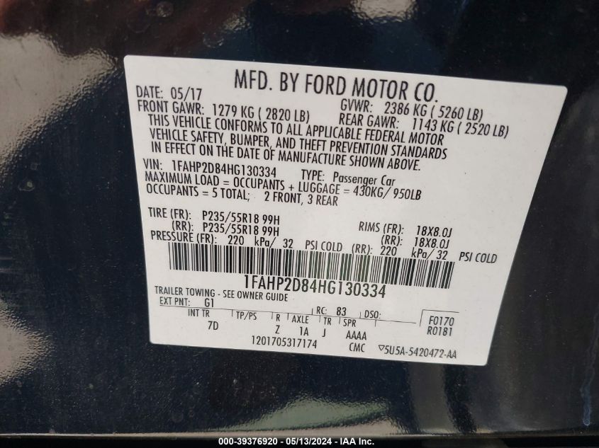 2017 Ford Taurus Se VIN: 1FAHP2D84HG130334 Lot: 39376920