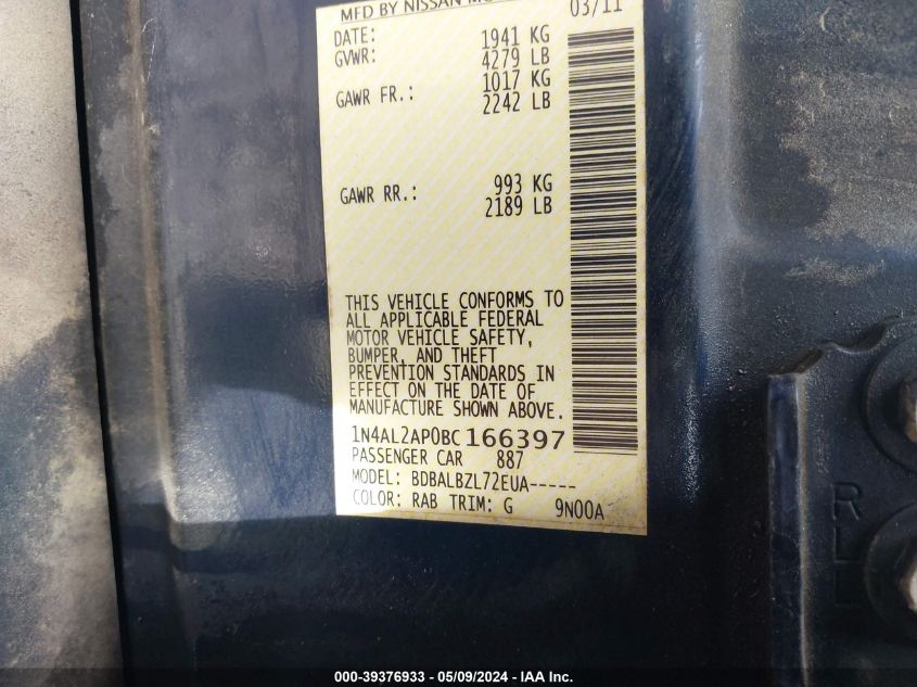 2011 Nissan Altima 2.5 S VIN: 1N4AL2AP0BC166397 Lot: 39376933