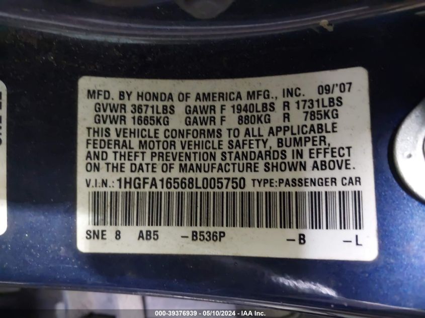 2008 Honda Civic Lx VIN: 1HGFA16568L005750 Lot: 39376939