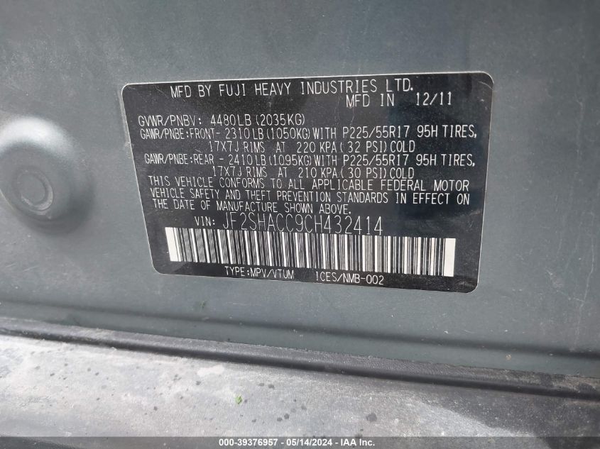 2012 Subaru Forester 2.5X Premium VIN: JF2SHACC9CH432414 Lot: 39376957