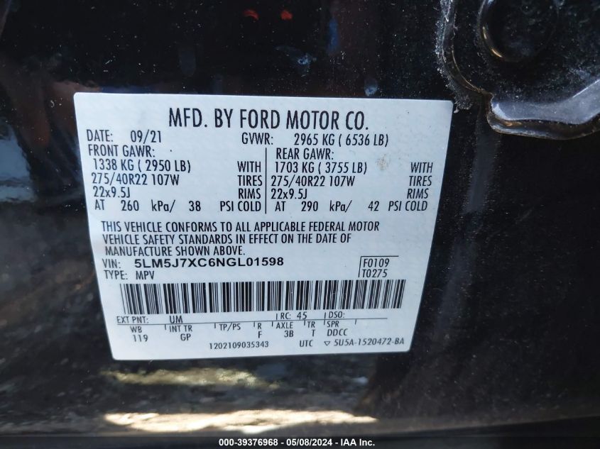 VIN 5LM5J7XC6NGL01598 2022 LINCOLN AVIATOR RESERVE