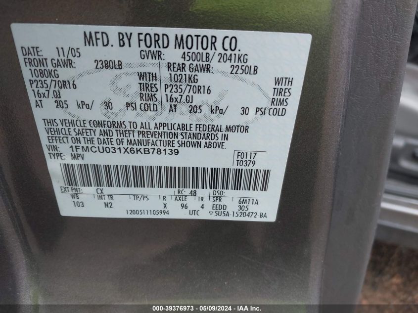 2006 Ford Escape VIN: 1FMCU031X6KB78139 Lot: 39376973