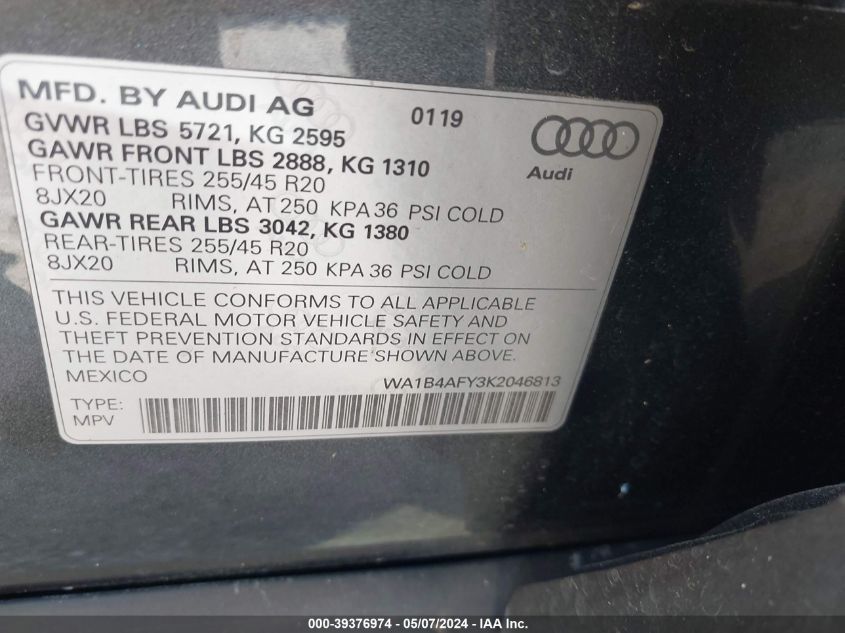 2019 Audi Sq5 3.0T Premium VIN: WA1B4AFY3K2046813 Lot: 39376974
