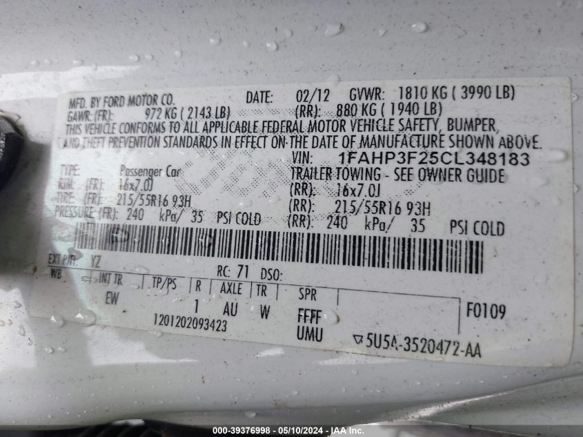 2012 Ford Focus Se VIN: 1FAHP3F25CL348183 Lot: 39376998
