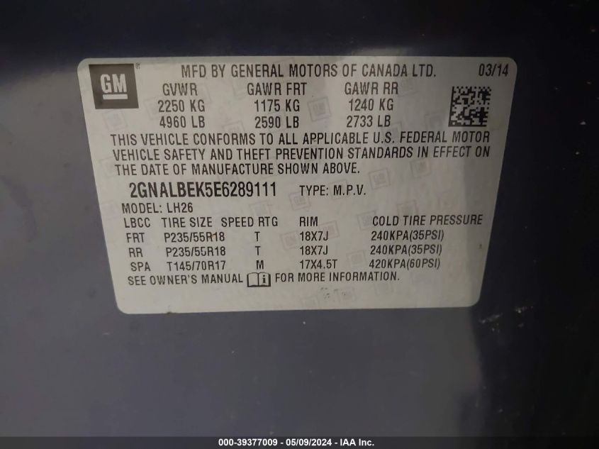 2014 Chevrolet Equinox 1Lt VIN: 2GNALBEK5E6289111 Lot: 39377009