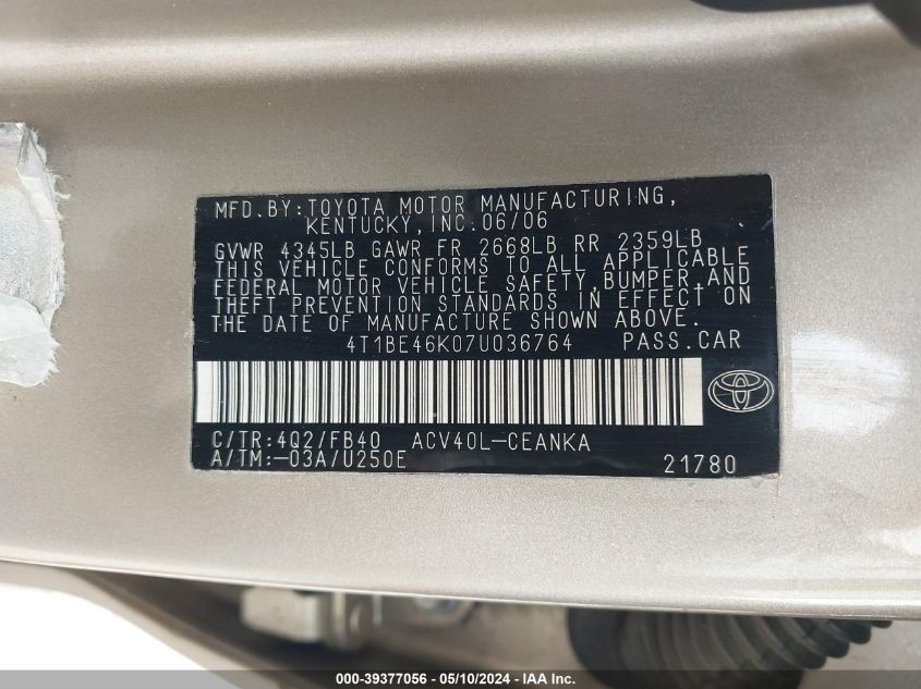 2007 Toyota Camry Le VIN: 4T1BE46K07U036764 Lot: 39377056