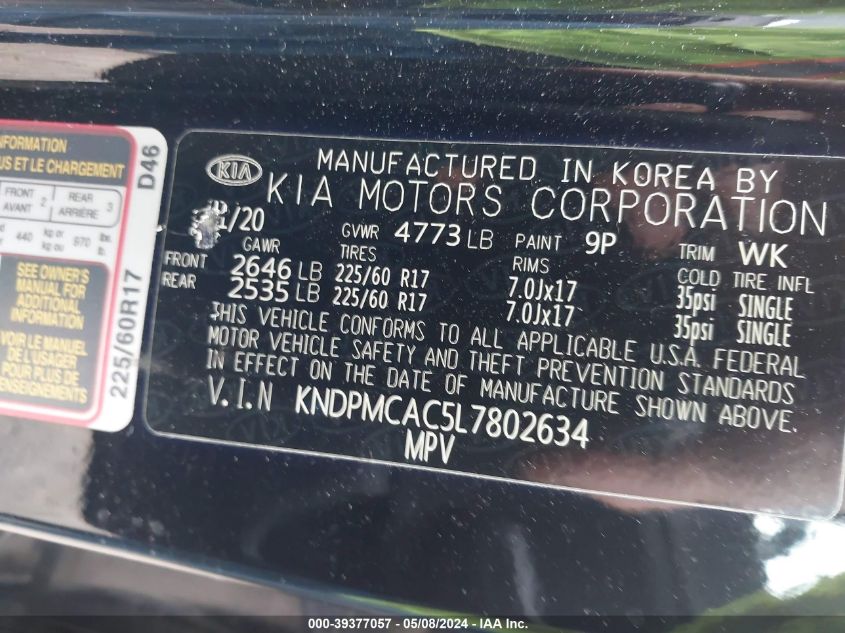 2020 Kia Sportage Lx VIN: KNDPMCAC5L7802634 Lot: 39377057