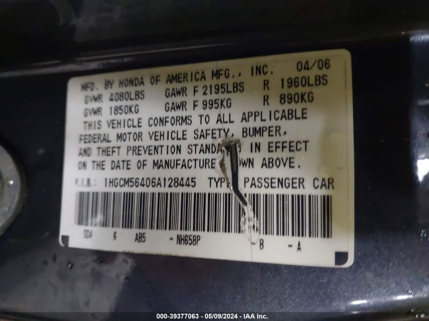 2006 Honda Accord 2.4 Lx VIN: 1HGCM56406A128445 Lot: 39377063