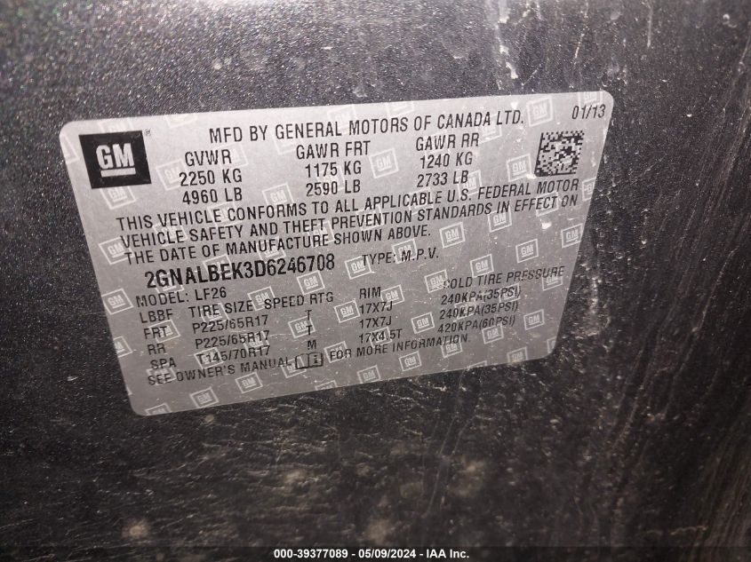 2013 Chevrolet Equinox Ls VIN: 2GNALBEK3D6246708 Lot: 39377089